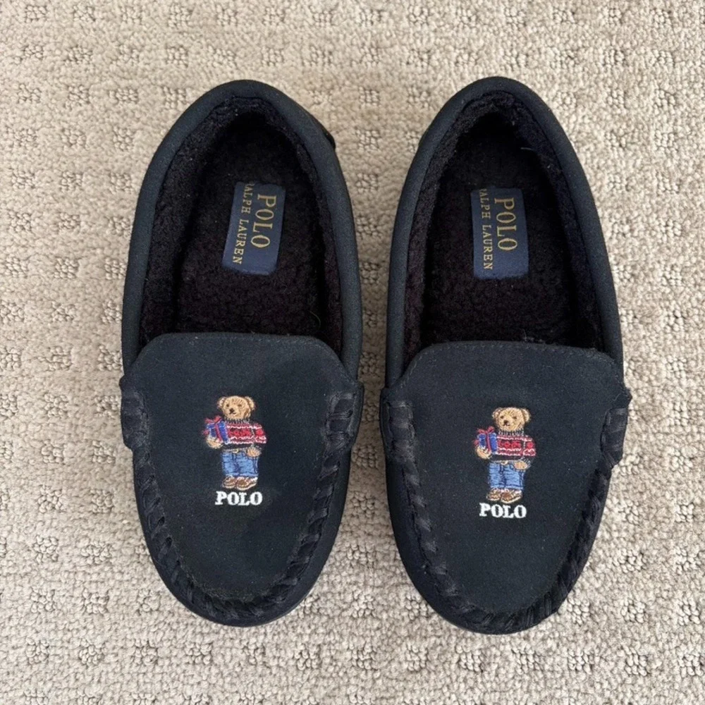 Polo Ralph Lauren Polo Bear Embroidered Moccasin Slippers Boys 13 Black Suede